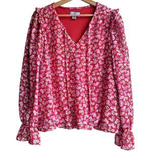 CECE Floral Heart Blouse V-neck Ruffles Red Pink Romantic Valentine's Day M